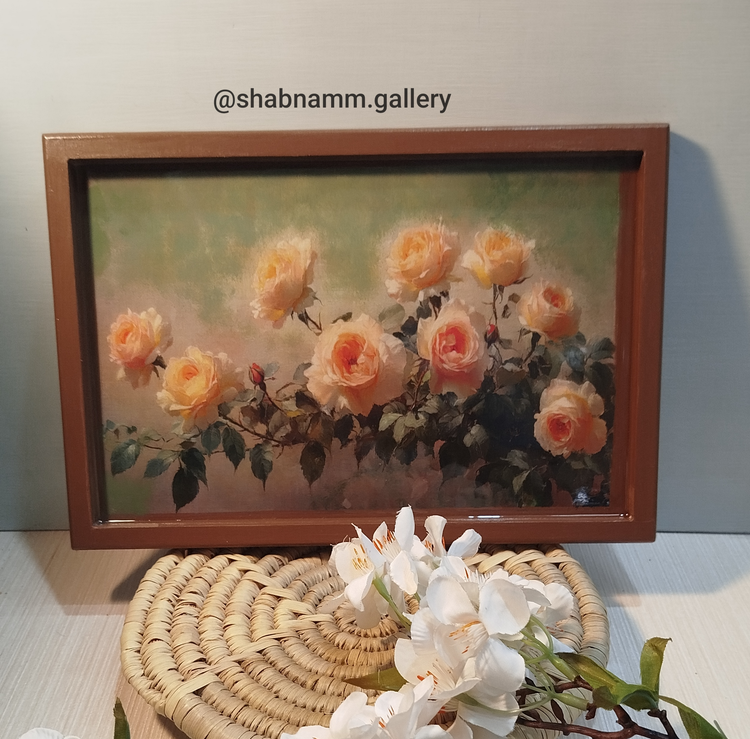 سینی چوبی مستطیل دستساز دکوپاژ با کف رزین شده طرح گلهای آبرنگی