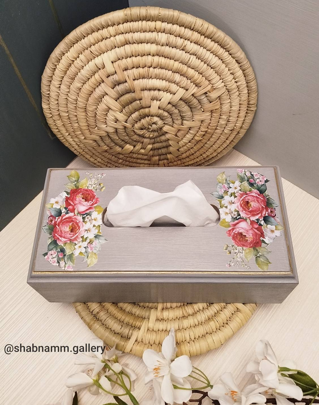 جا دستمال کاغذی چوبی دستساز دکوپاژ طرح گل رز