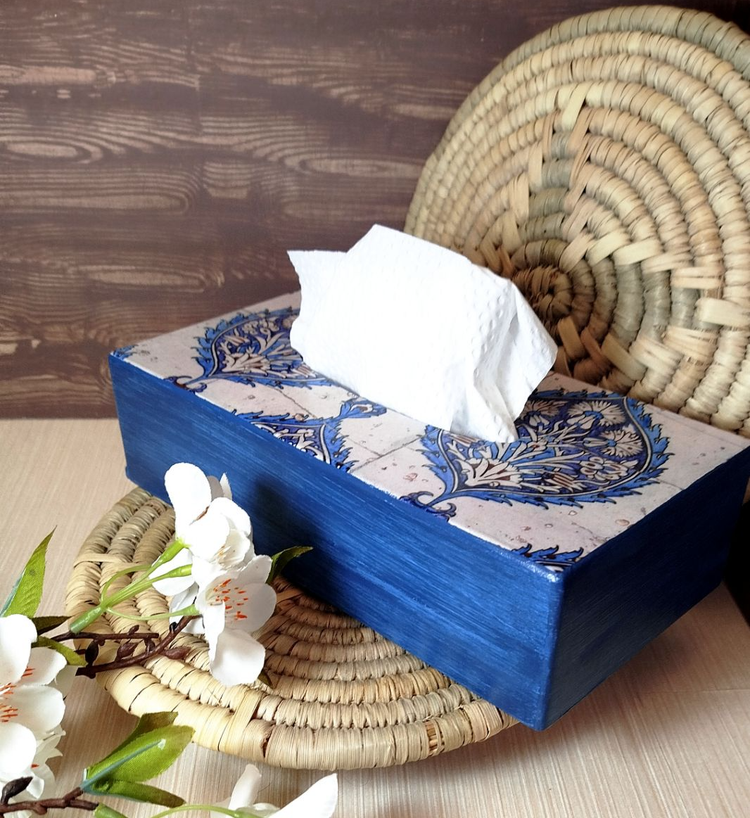 جا دستمالکاغذی چوبی دستساز دکوپاژ و پتینه طرح ترنج سنتی
