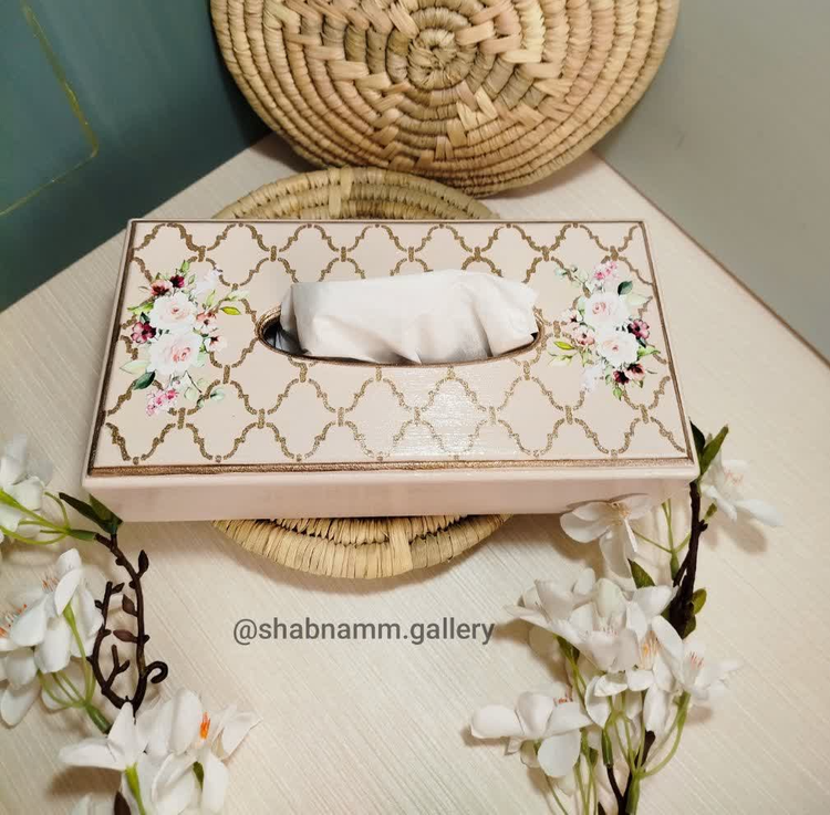 جا دستمال کاغذی چوبی دستساز دکوپاژ و پتینه طرح شبکهای مراکشی